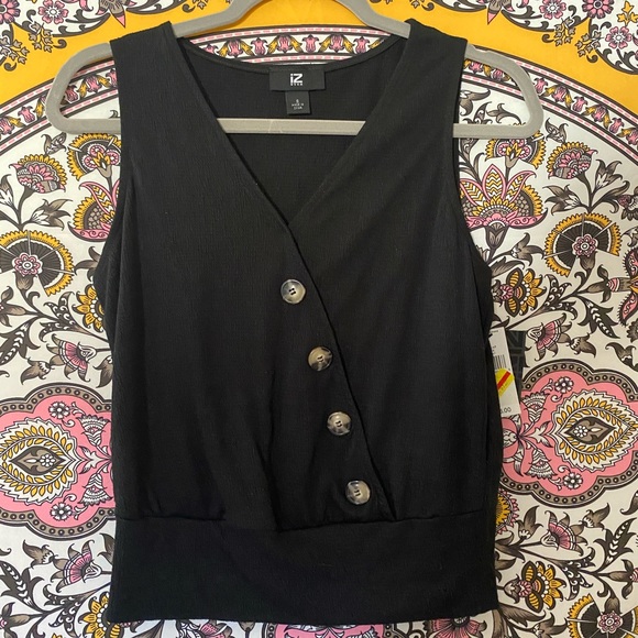 Iz Byer Tops - Black Tank Top w/ wrap and button detail.